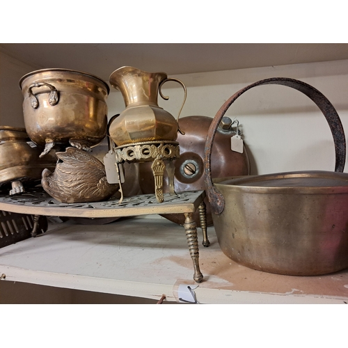 1235 - Good Shelf of Antique Copper and Brassware including Trivets, Hot Water Bottle, Kettle, Plant Pots e... 