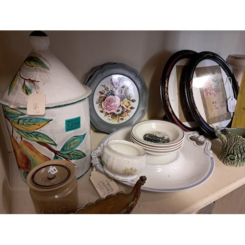 1258 - Good Shelf of various Pottery and Porcelain including Pair of Oval Frames