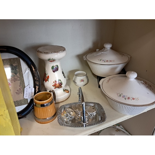 1258 - Good Shelf of various Pottery and Porcelain including Pair of Oval Frames