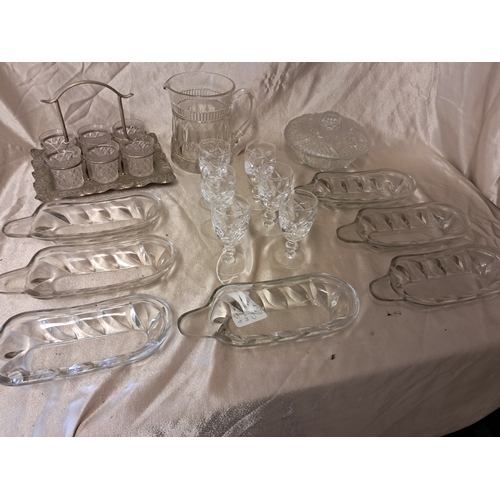 1263 - Mixed lot of Vintage Glassware including Jug, 7 Corn Dishes, 6 Sherry Glasses and a Shot Drinking Se... 