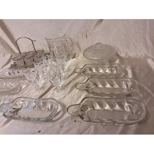 1263 - Mixed lot of Vintage Glassware including Jug, 7 Corn Dishes, 6 Sherry Glasses and a Shot Drinking Se... 