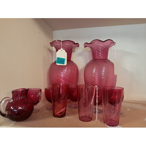 1265 - Lot of Victorian Cranberry Glass including 2 large Vases, small Jug, 5 Cups and 3 Shot Glasses (Vase... 