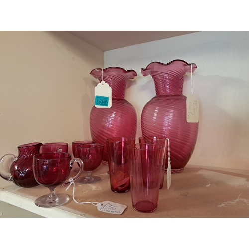 1265 - Lot of Victorian Cranberry Glass including 2 large Vases, small Jug, 5 Cups and 3 Shot Glasses (Vase... 