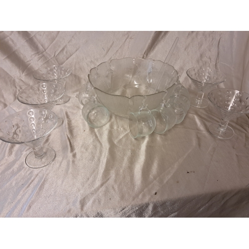 1267 - Vintage Glass Punch Bowl and Cups together with 5 Glass Bon Bon Dishes