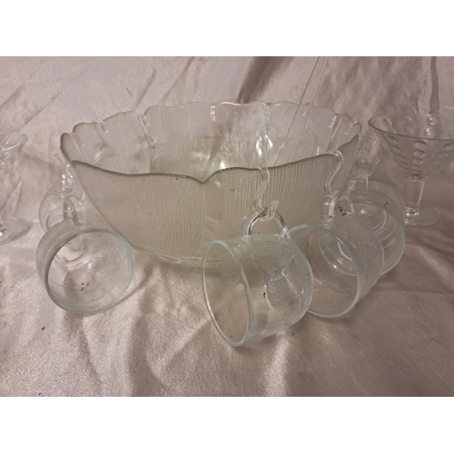 1267 - Vintage Glass Punch Bowl and Cups together with 5 Glass Bon Bon Dishes