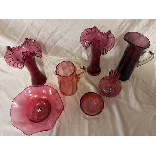 1291 - Good lot of Victorian and later Cranberry Glass including Pair of Vases (28cm)