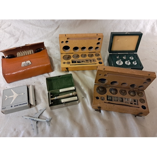 1311 - Lot of 3 Cased Sets of Weights, 2 Gentleman's Travel Kits and an Air France Plane Model (8cm)