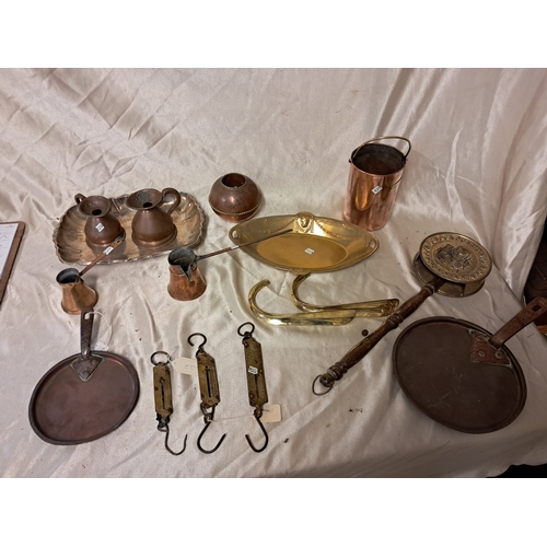 1312 - Mixed lot of Copper and Brass Ware including Measures, Ladels, Pot Lids, Weighing Scales, Trays etc ... 