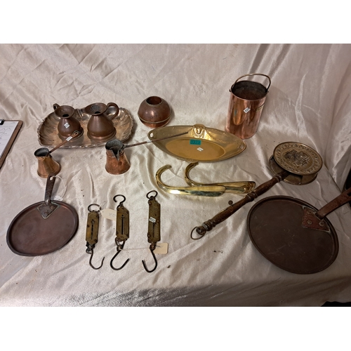 1312 - Mixed lot of Copper and Brass Ware including Measures, Ladels, Pot Lids, Weighing Scales, Trays etc ... 