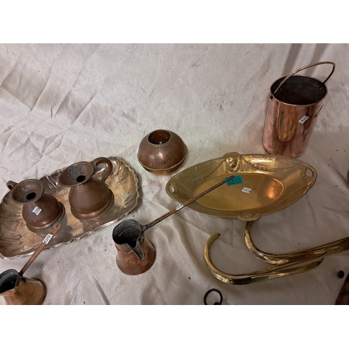 1312 - Mixed lot of Copper and Brass Ware including Measures, Ladels, Pot Lids, Weighing Scales, Trays etc ... 