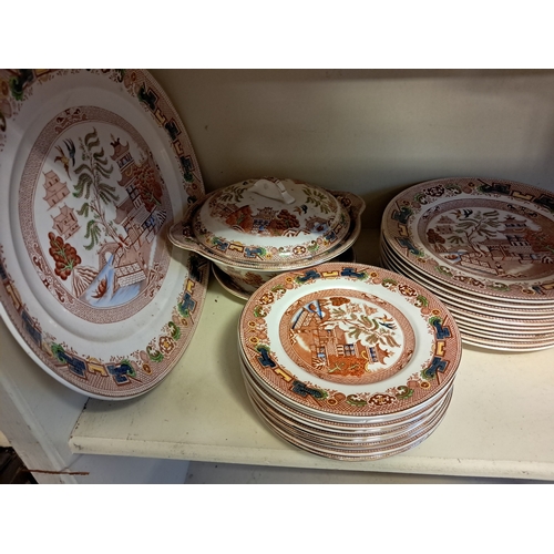 1329 - An old Willow Palissy part Dinner Service including Platter, Vegetable Toureens etc (over 50 Pieces)