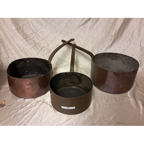 1331 - Three large Antique Copper Iron Handle Saucepans (Largest 28cm Diameter)