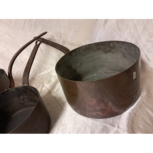 1331 - Three large Antique Copper Iron Handle Saucepans (Largest 28cm Diameter)