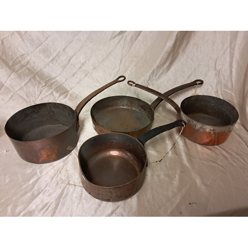 1334 - Four old Copper Cooking Pots with Iron Handles