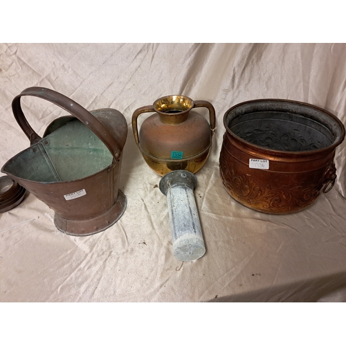 1336 - Copper Coal Helmet, Copper Jardiniere and a Brass and Copper Vase with Liner