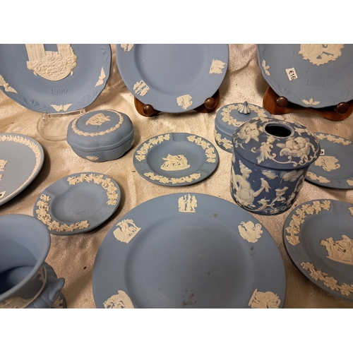 1358 - Good lot of Wedgewood Blue Parian Ware Plates, Trinket Boxes, Dishes, Lidded Jar etc (over 20 Pieces... 