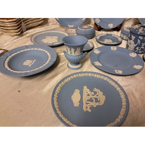 1358 - Good lot of Wedgewood Blue Parian Ware Plates, Trinket Boxes, Dishes, Lidded Jar etc (over 20 Pieces... 