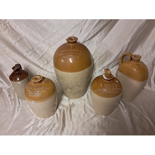 1371 - Lot of 5 Earthenware Whiskey Crocks - Clonmel, Tipperary, Mountmellick and 2 others