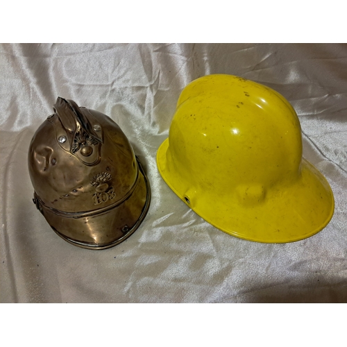 401 - 19th Century Brass Fireman's Helmet No. 13 and a Vintage Plastic Yellow Fireman's Helmet