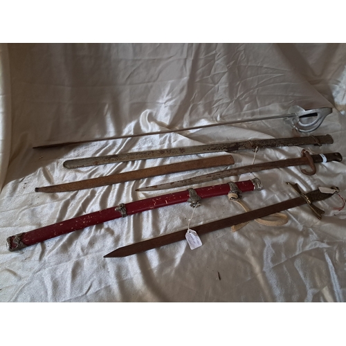 416 - Sword in Scabbard, Bayonet in Sheath, Red Scabbard and a Wall Hanger