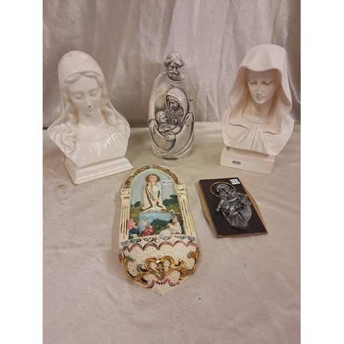 698 - Religious interest - Holy Water Font, 2 Bust Figures of Mary, Holy Family and a Plaque (Tallest 14cm... 