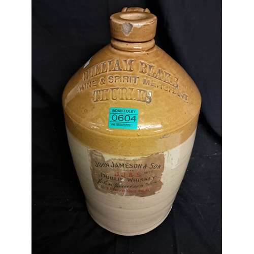 604 - William Blake of Thurles Stoneware Whiskey Crock with original Jameson Labels (42cm Tall)