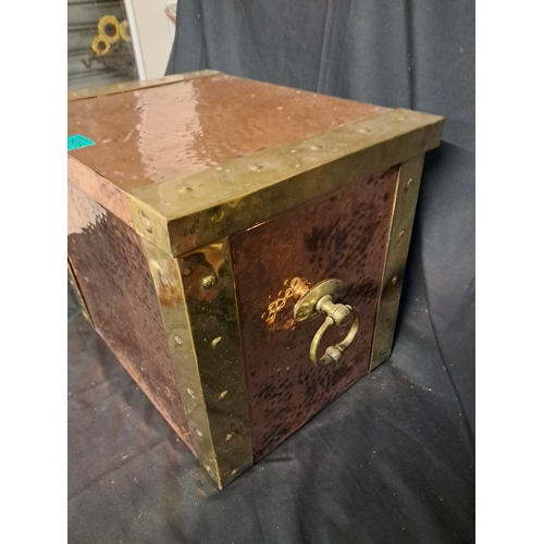 605 - Edwardian Brass and Copper Fireside Box with Ring Handles (40cm x 39cm x 21cm)