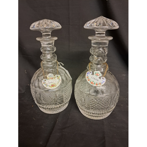 606 - Pair of Cut Glass Decanters with Porcelain Decanter Labels