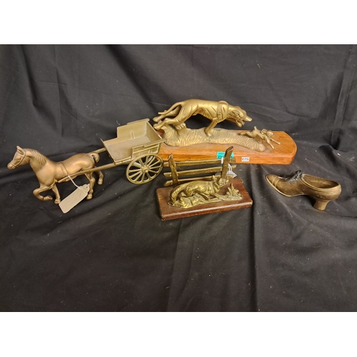 617 - Vintage Brass Letter Rack, Brass Horse and Cart, Greyhound Statue and a Brass Shoe