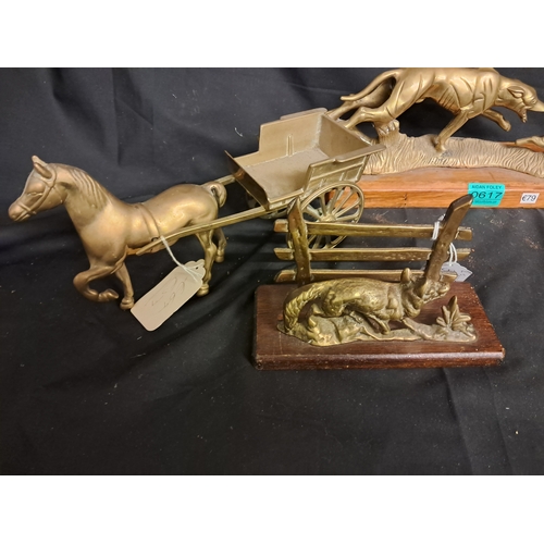 617 - Vintage Brass Letter Rack, Brass Horse and Cart, Greyhound Statue and a Brass Shoe