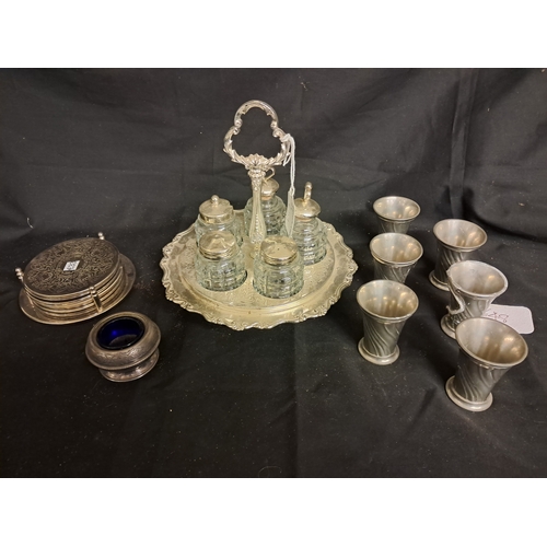 627 - Vintage Cruet Set on Stand, 6 Tot Glasses, 6 Coasters and a Salt Cellar