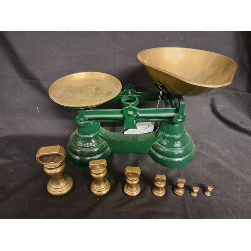 645 - Cast Iron and Brass Kitchen Scales with 7 Weights