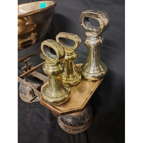 644 - Cast Iron and Brass Shop Scales by Simpson and Co. Belfast with 3 Dumbbell Weights (7lb and 2 x 4lb)