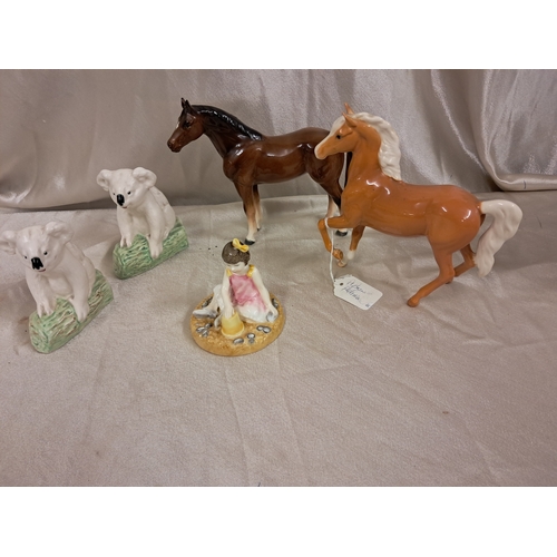 693 - Two Beswick Horse Figures, Pair of Sylvac Koala Bears and a Royal Doulton Girl (Tallest 17cm)