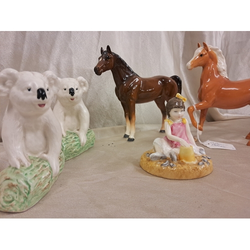 693 - Two Beswick Horse Figures, Pair of Sylvac Koala Bears and a Royal Doulton Girl (Tallest 17cm)