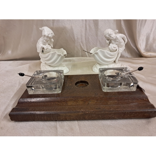 694 - Pair of Vintage French Sauce Boats in Shell Form and an Edwardian Oak and Glass Condiment Set (Talle... 