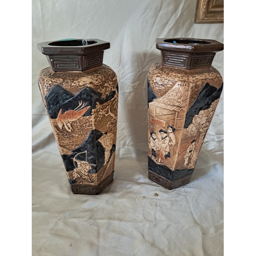 111 - Pair of Bretby Pottery Vases with Oriental Panel Decoration (38cm Tall)