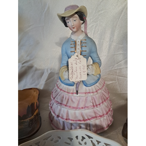 130 - Staffordshire Pottery Lady Biscuit Jar, Pair of Royal Doulton Bon Bon Dishes and a German China Frui... 