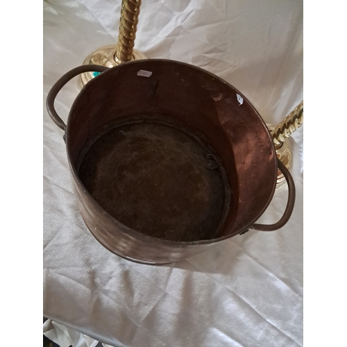 163 - Good Pair of Brass Church Candle Stands (46cm Tall) and an Antique Copper Saucepan with Brass Handle... 