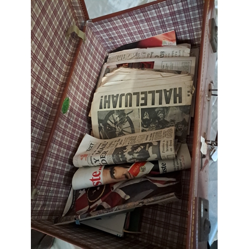 231 - Two large Vintage Suitcases, including one Leather example - the other containing old Newspapers