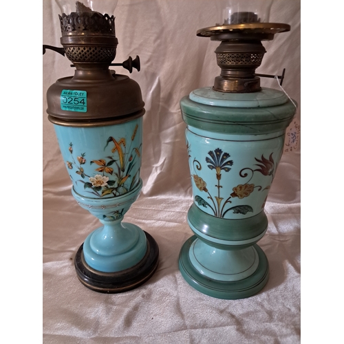 254 - Two French Vintage Blue Glass Oil Lamps with Floral Decoration