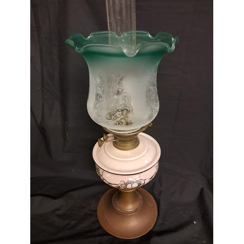 538 - Edwardian Oil Lamp with Pink Bowl and Green Glass Shade