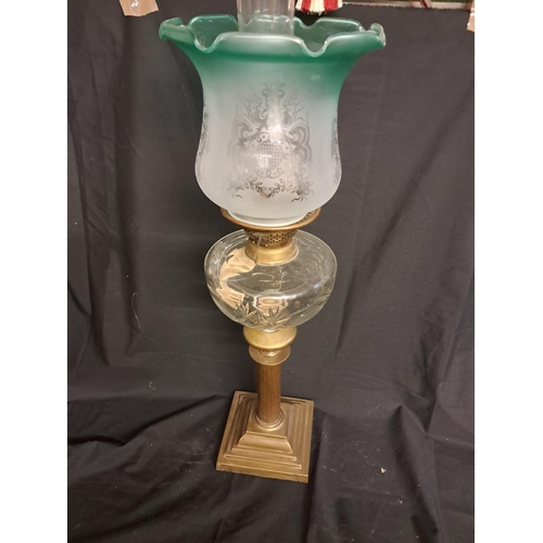 539 - Brass Column Oil Lamp with Cut Glass Bowl and Green Glass Shade