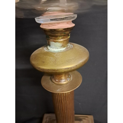 539 - Brass Column Oil Lamp with Cut Glass Bowl and Green Glass Shade