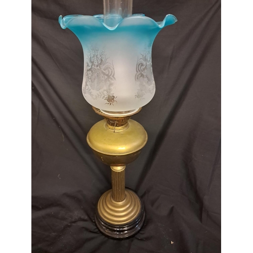 540 - Edwardian Brass Oil Lamp with Blue Shade