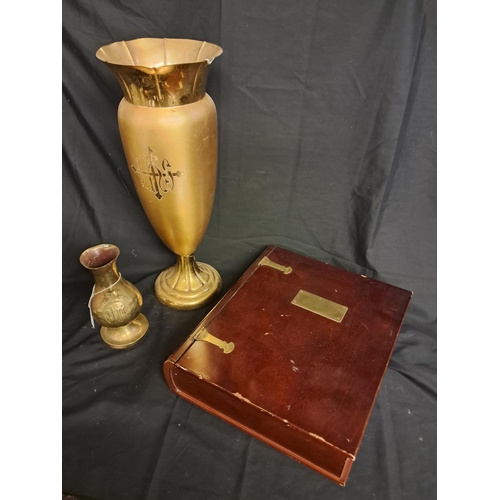 554 - Two Brass Altar Vases and a Mahogany Bible Box (Vase 46cm Tall)