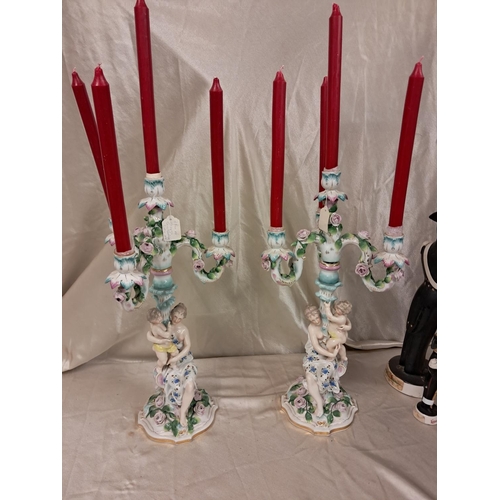 745 - Pair of German Porcelain Candelabra with Figural Decoration and all over Floral Embellishment (52cm ... 