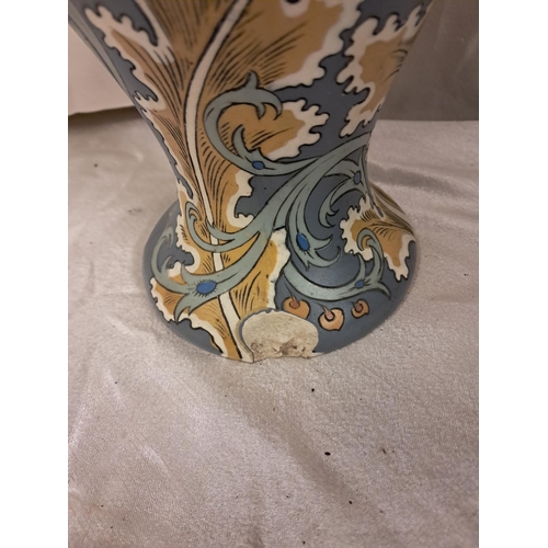 753 - Late 19th Century Mettlach 2 Handled Vase (43cm Tall) - chip to rim together with another Vase