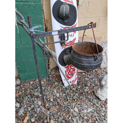 1012 - Victorian Cast Iron Fire Crane and a large Skillet Pot