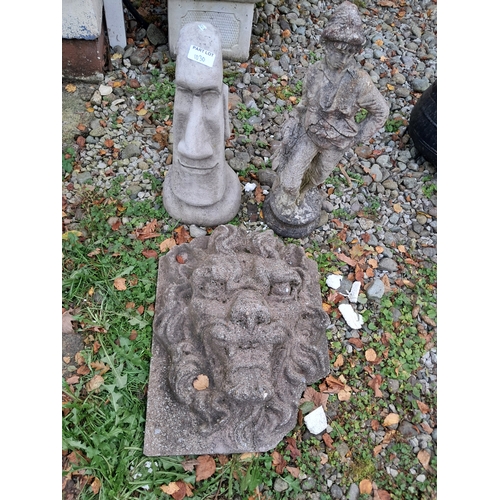 1030 - Three Garden Statuary Figures - 2 Statues Easter Island, Dandy and Lion Head Plaque